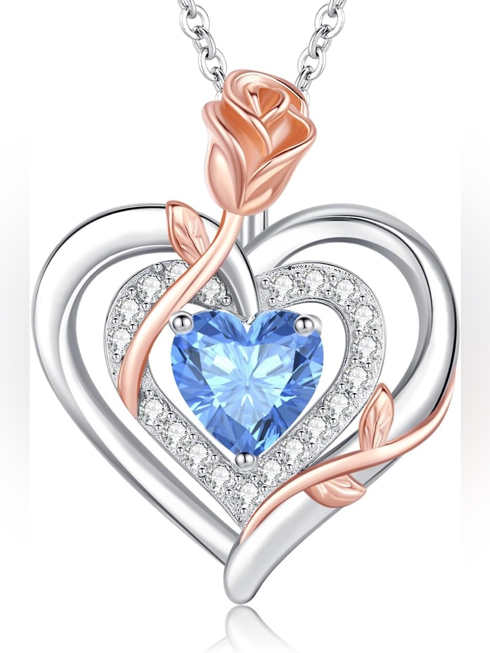 Lavumo 925 Sterling Silver Double Heart Rose Flower Necklace - Picture 2 of 3